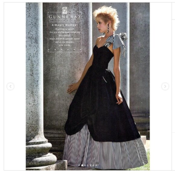 Vintage 1980s Gunne Sax Holiday Party Dress Black Satin Striped One Shoulder 9 - Picture 2 of 9